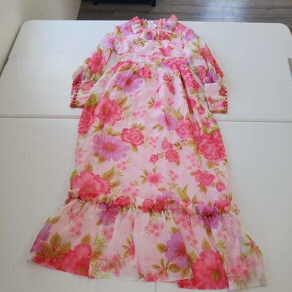VINTAGE Floral Chiffon Maxi Dress Womens Small Pink Ruffle Neck Puff Sleeve 70s - Picture 1 of 11